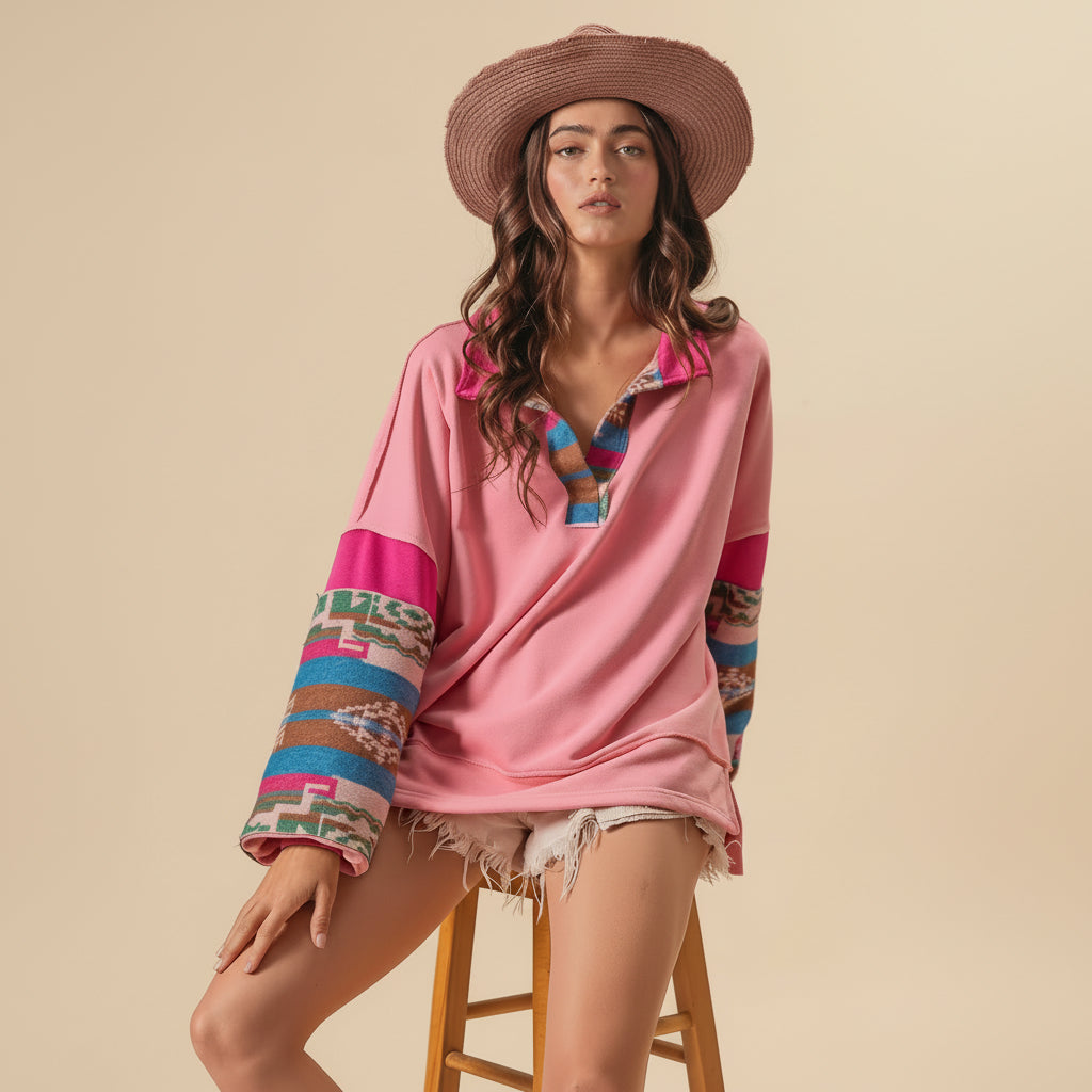 French Terry Knit and Aztec Print Mixed Top