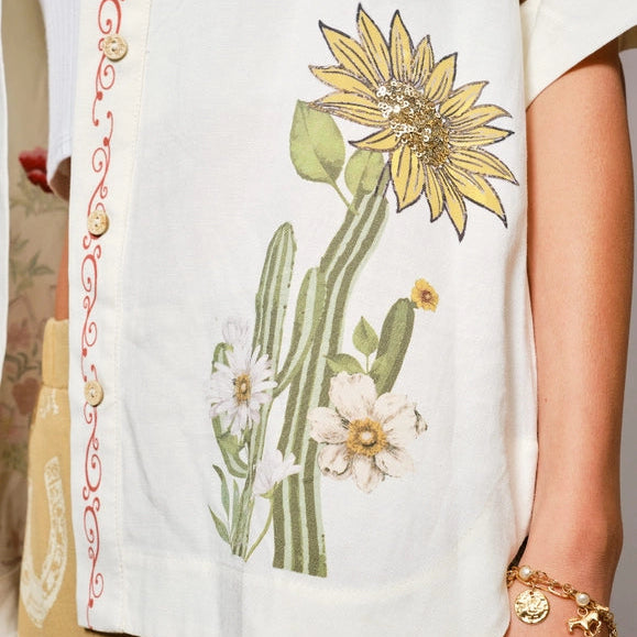 Embroidered Sequin Floral Linen Blouse