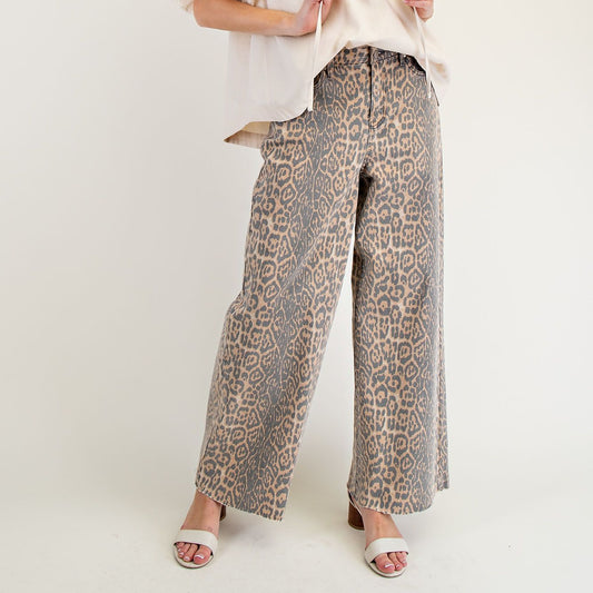 Washed Animal Print Twill Pants