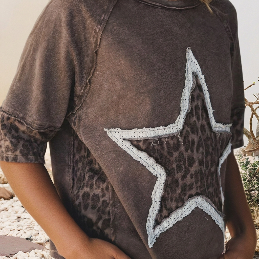 Mineral Wash Exposed Seam Leopard Star Patched T Shirt