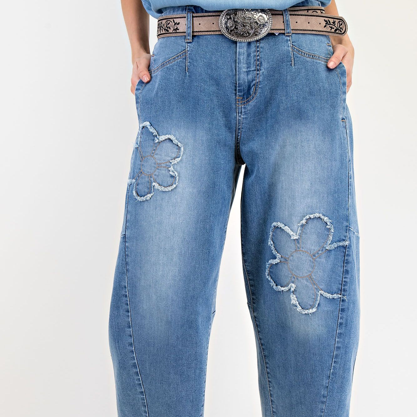 Flower Patch Washed Denim Barrel Jeans