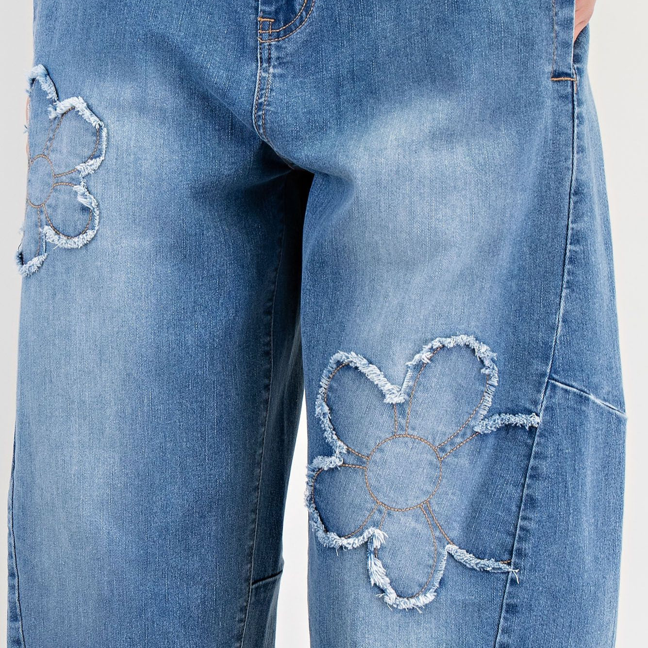 Flower Patch Washed Denim Barrel Jeans