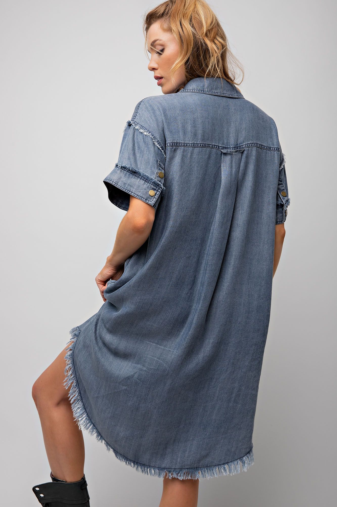 Washed Denim Snap Button Down Frayed Dress