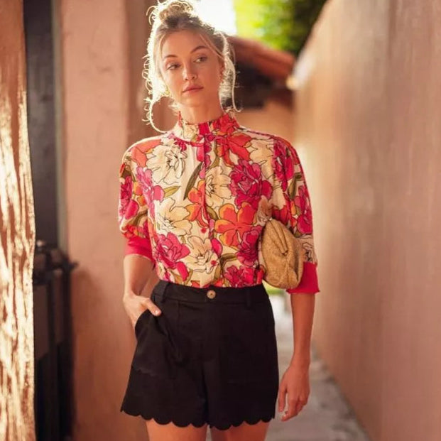 Button Down Floral Top with Solid Contrast Accent