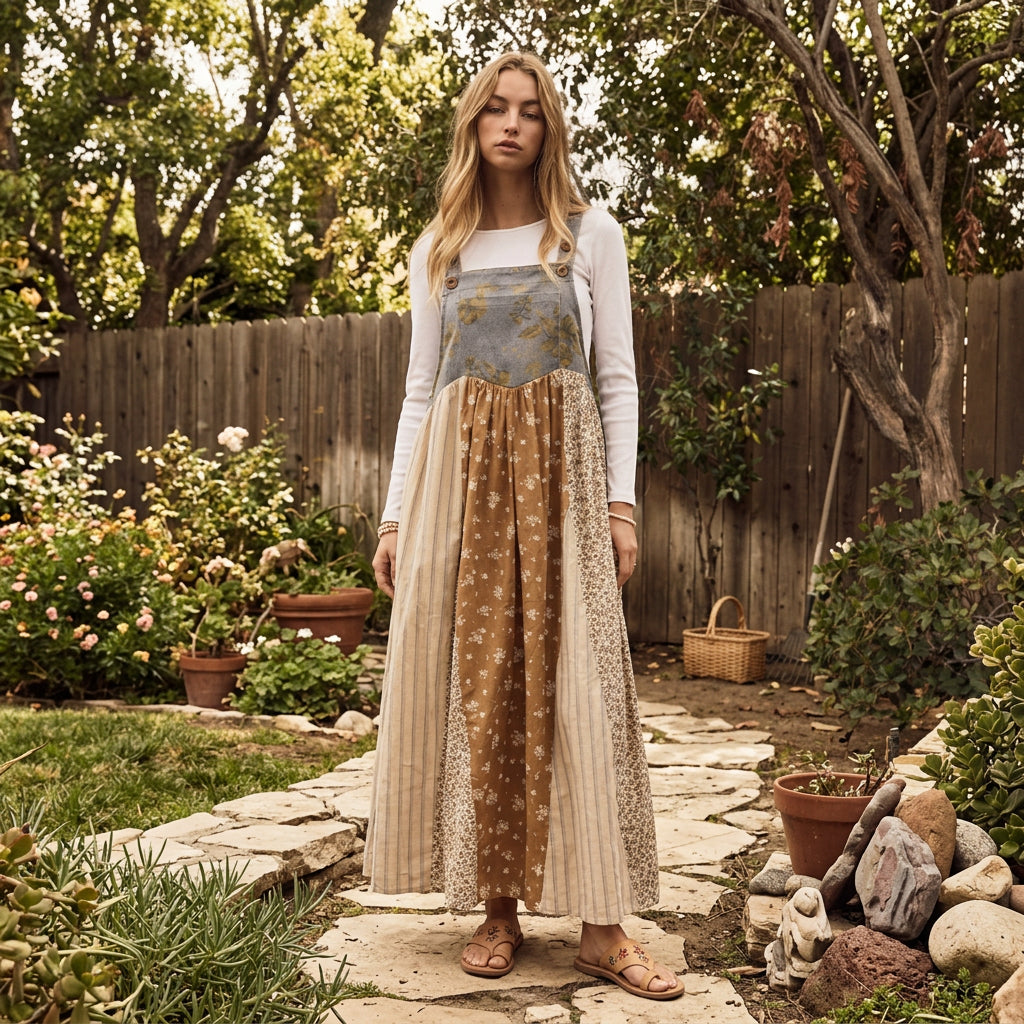 Mixed Floral Print Overall Maxi Dress