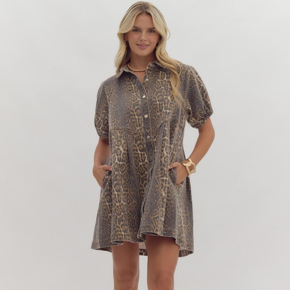 Cheetah Print Short Sleeve Collared Button Up Mini Dress