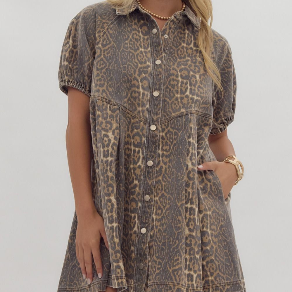 Cheetah Print Short Sleeve Collared Button Up Mini Dress