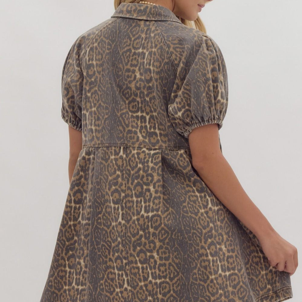 Cheetah Print Short Sleeve Collared Button Up Mini Dress