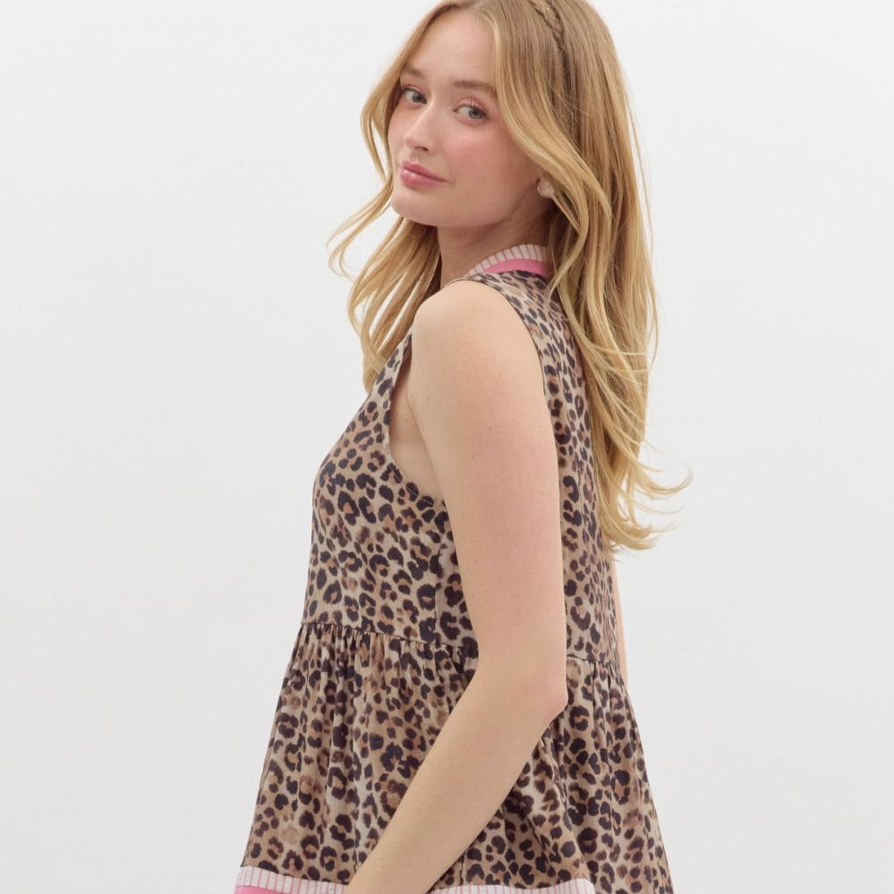 Leopard Print Sleeveless Tiered Mini Dress
