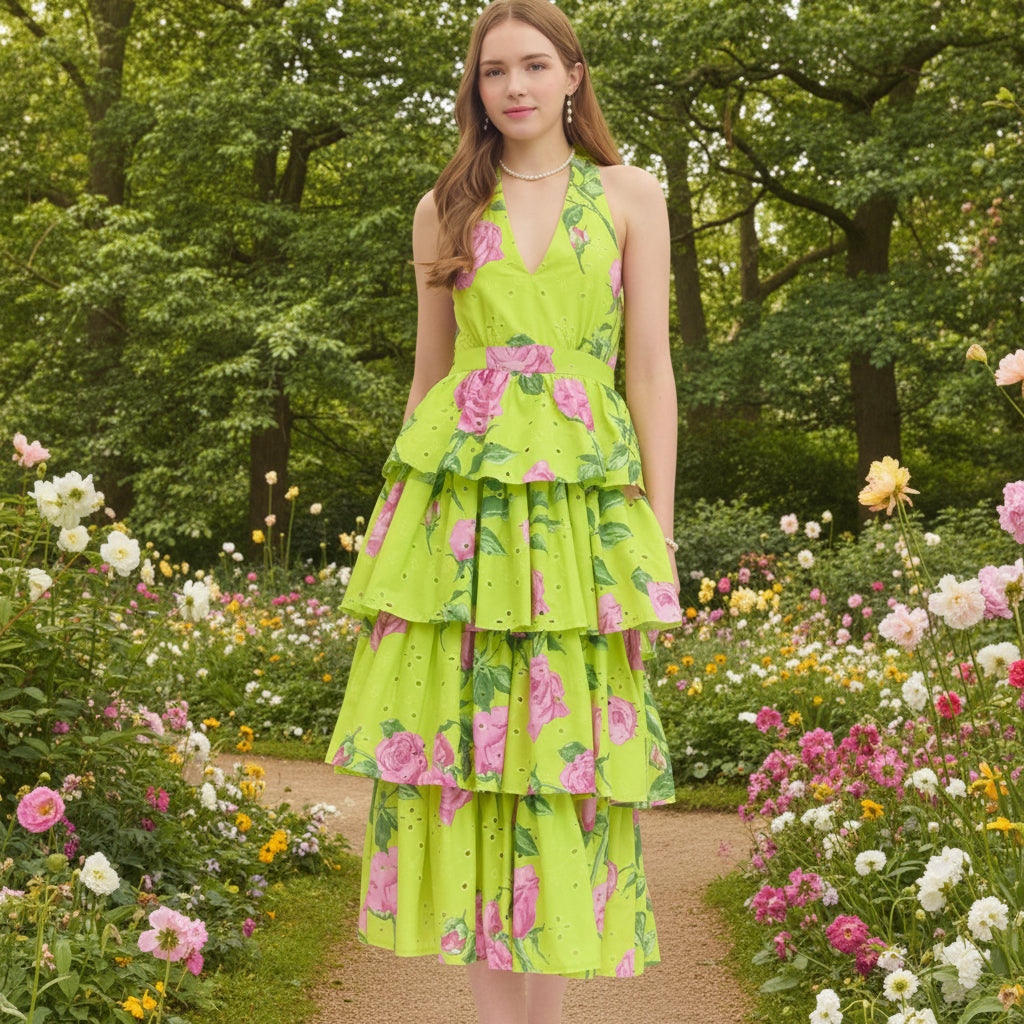 Floral Print Halter Neck Midi Dress