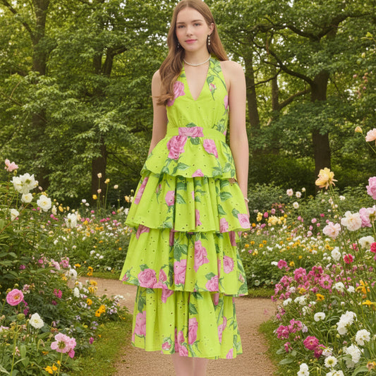 Floral Print Halter Neck Midi Dress