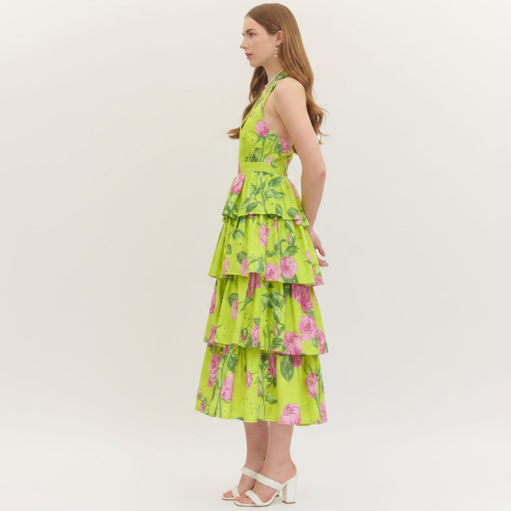 Floral Print Halter Neck Midi Dress