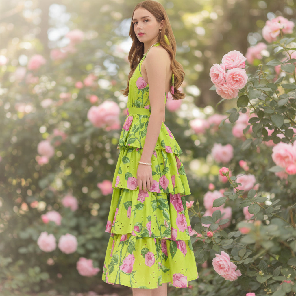 Floral Print Halter Neck Midi Dress