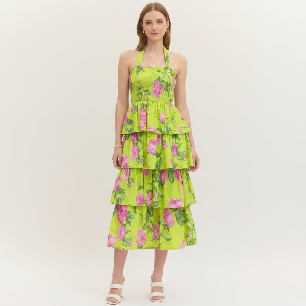 Floral Print Halter Neck Midi Dress