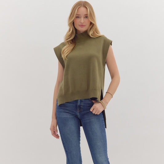 Olive Mock Neck Muscle Sweater