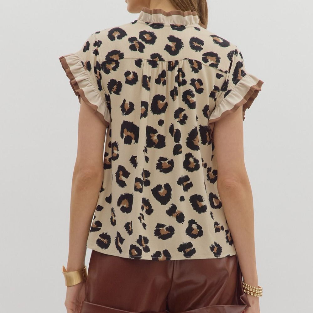 Leopard Top with Accent Ruffle Neck and Sleeve