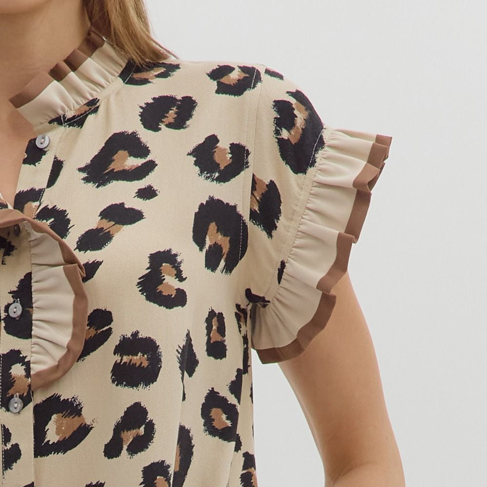 Leopard Top with Accent Ruffle Neck and Sleeve