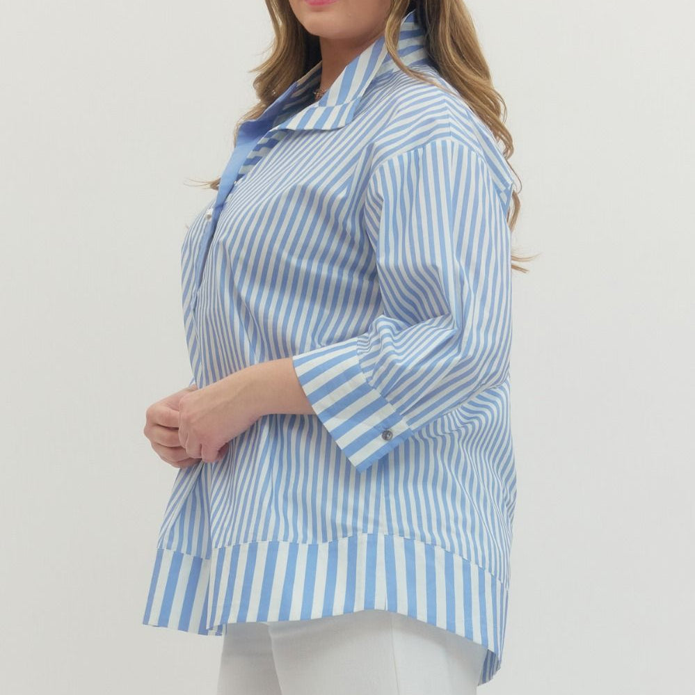 Blue Stripe Top With Pearl Button