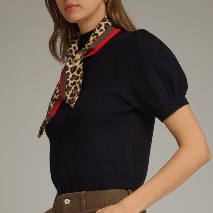 Black Leopard Collar Scarf Top
