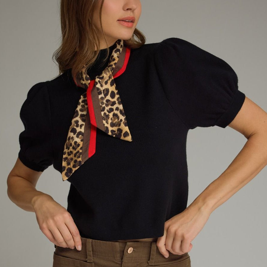 Black Leopard Collar Scarf Top