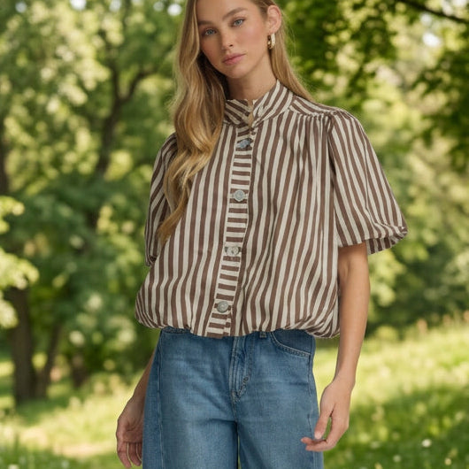 Strip Print With Balloon Sleeve Top