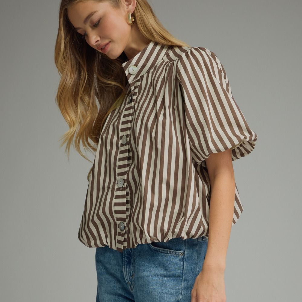 Strip Print With Balloon Sleeve Top