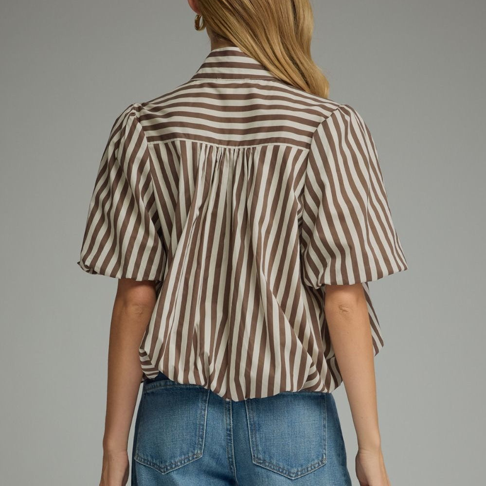 Strip Print With Balloon Sleeve Top