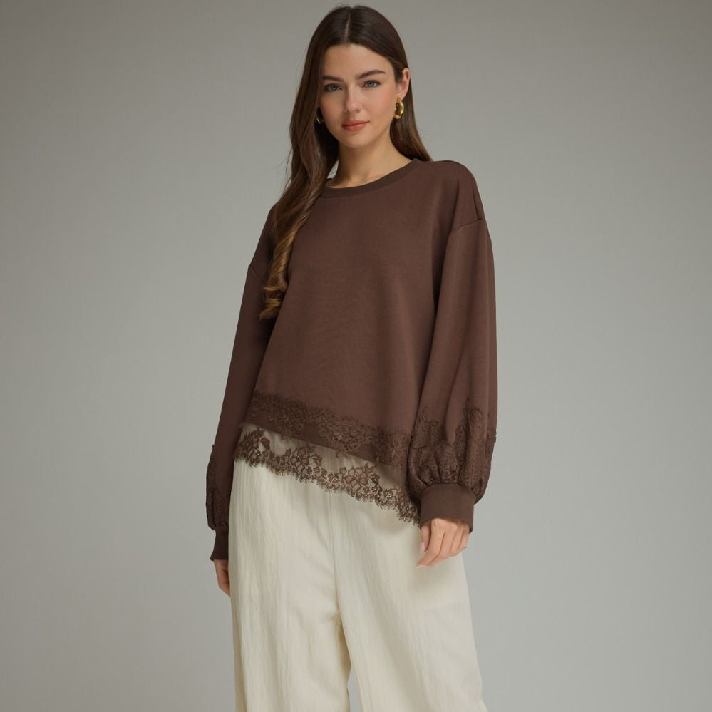 Entro Solid Balloon Sleeve top with Round Neckline & Lace Detail