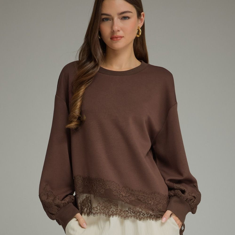 Entro Solid Balloon Sleeve top with Round Neckline & Lace Detail