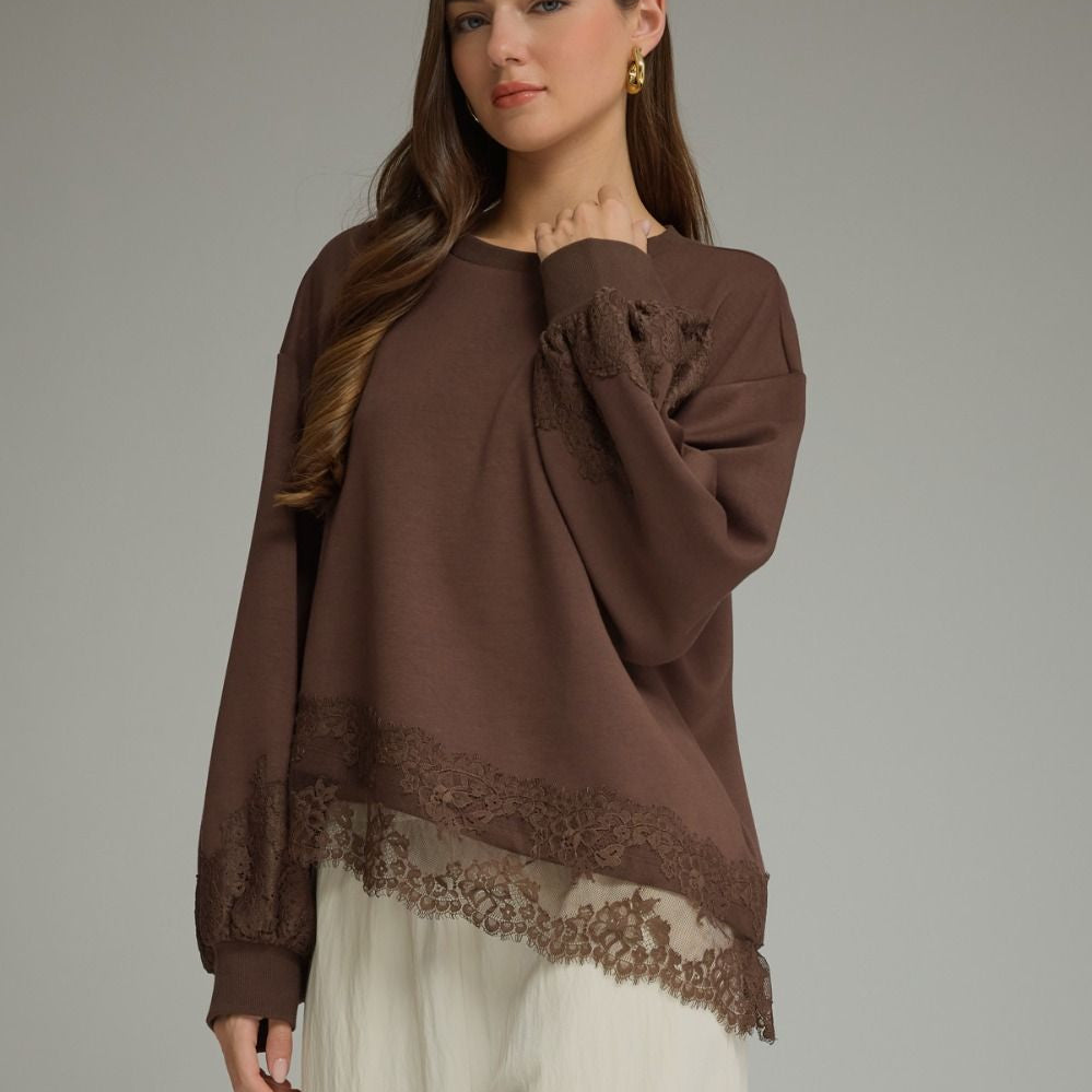 Entro Solid Balloon Sleeve top with Round Neckline & Lace Detail