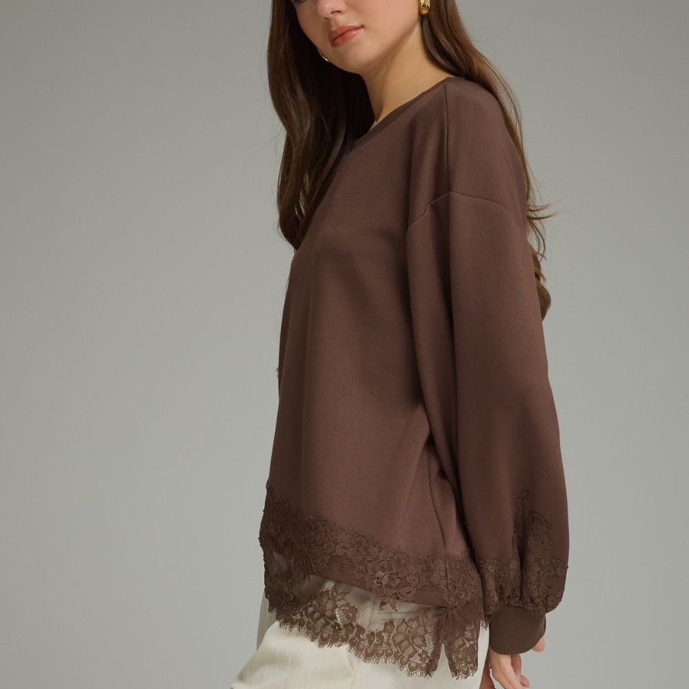 Entro Solid Balloon Sleeve top with Round Neckline & Lace Detail