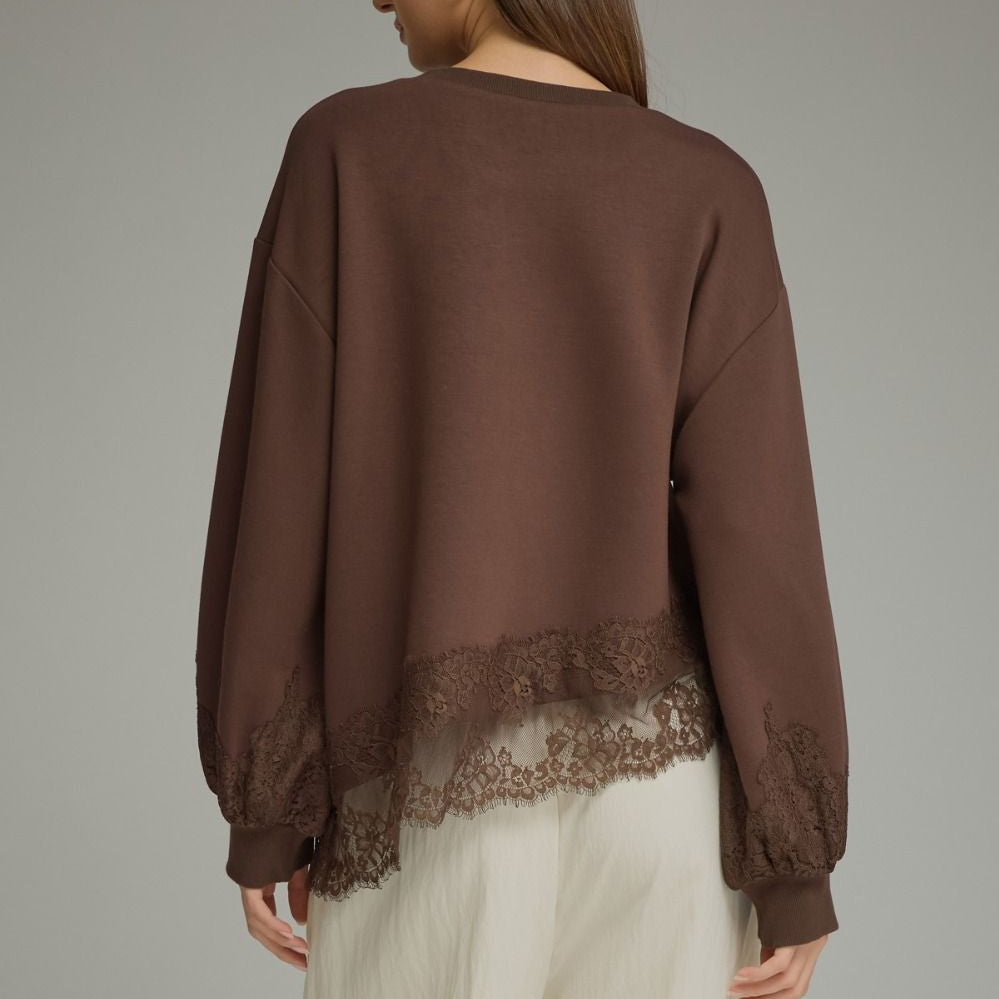 Entro Solid Balloon Sleeve top with Round Neckline & Lace Detail
