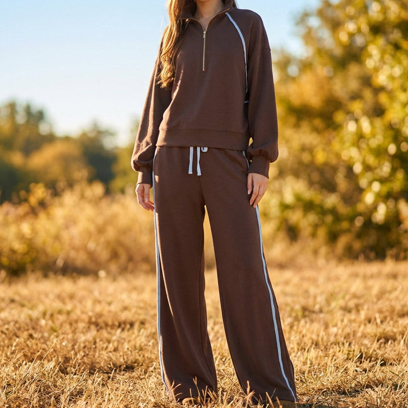 Brown Set With Contrast Piping Top and Pant