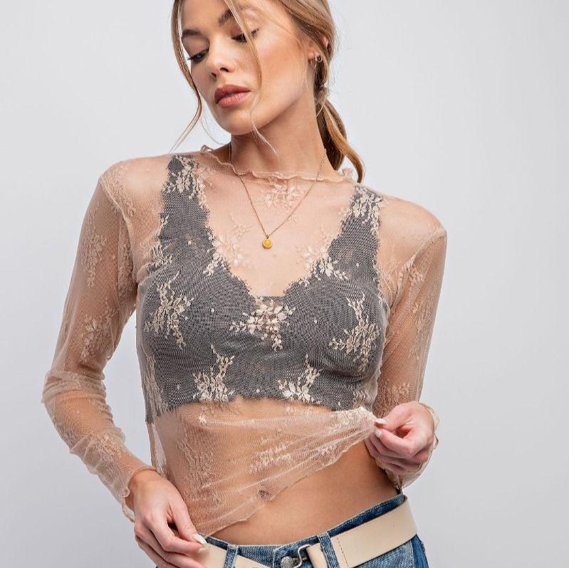 Long Sleeve All Over Sheer Lace Top