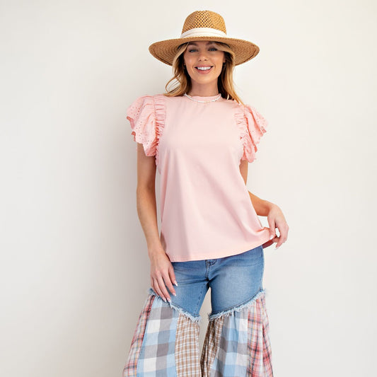 Cotton Knit Top with Lace Wing Sleeves