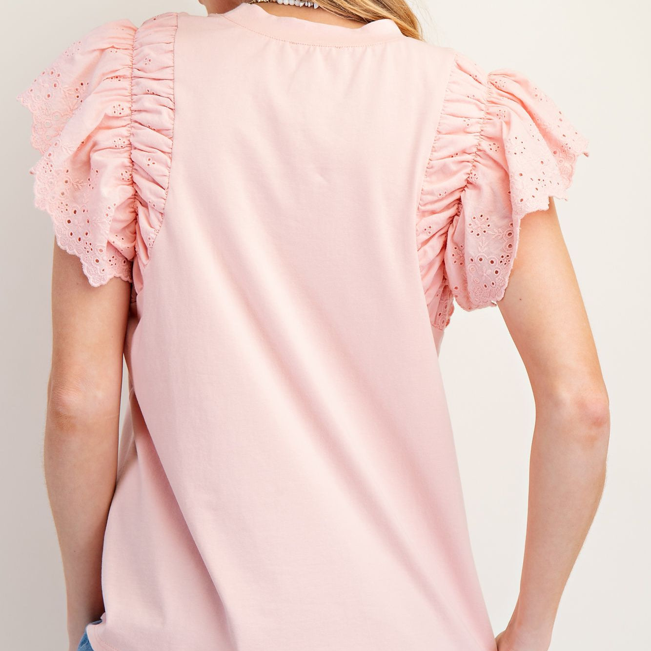 Cotton Knit Top with Lace Wing Sleeves