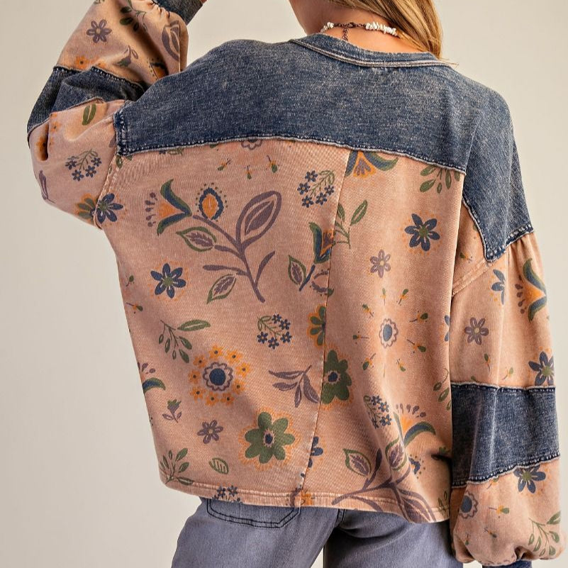 FLORAL PRINT WASHED TERRY HENLEY TOP