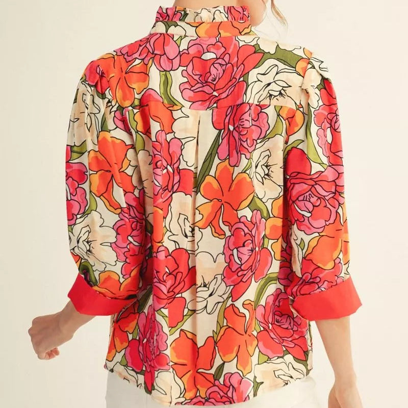 Button Down Floral Top with Solid Contrast Accent