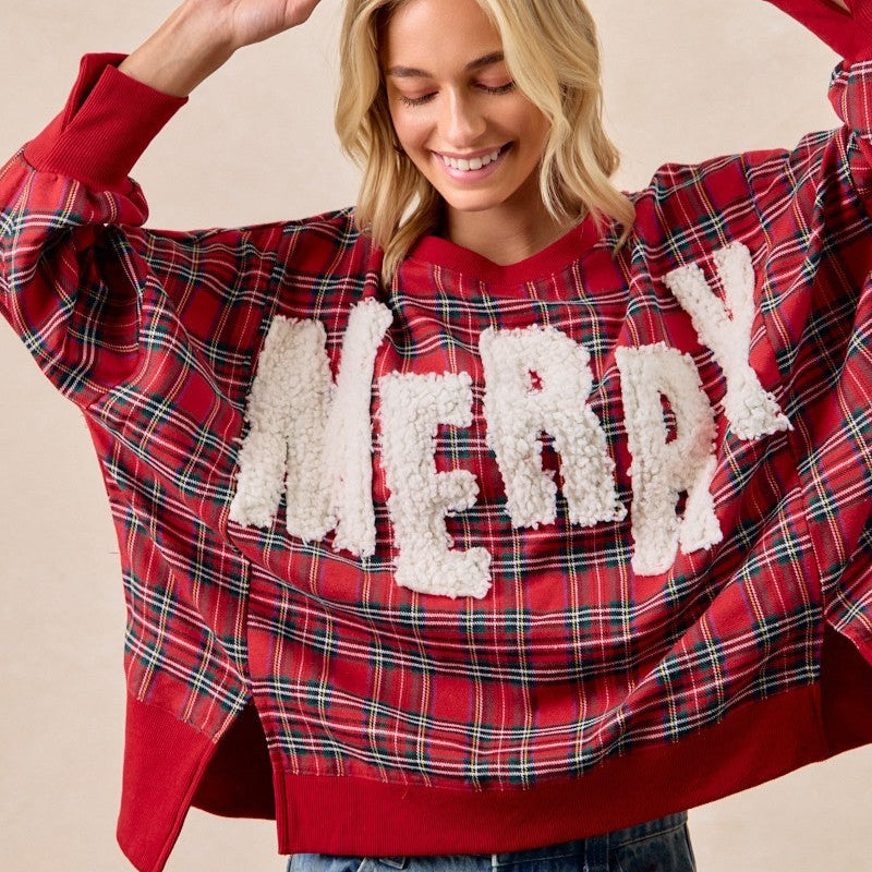 MERRY LETTER PATCHES CHRISTMAS PLAID OVERSIZED SWEATSHIRT
