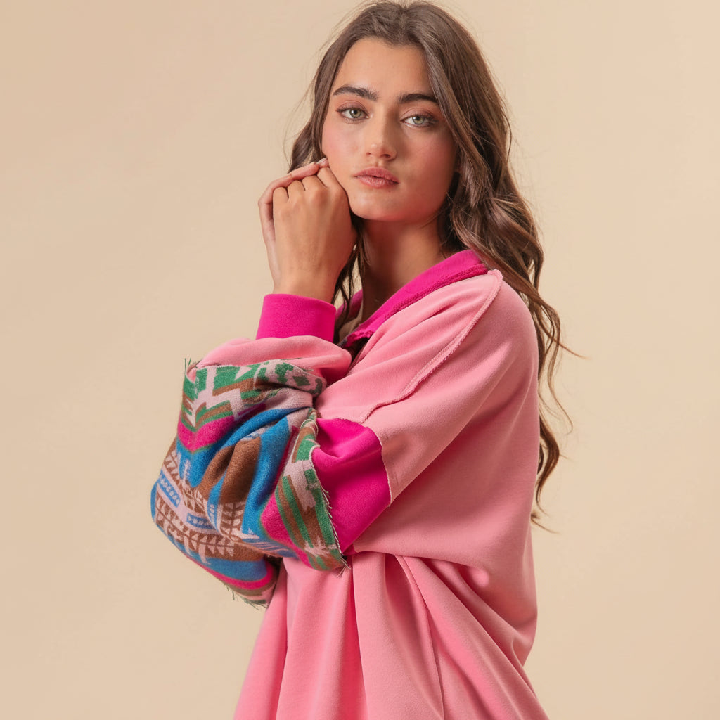French Terry Knit and Aztec Print Mixed Top