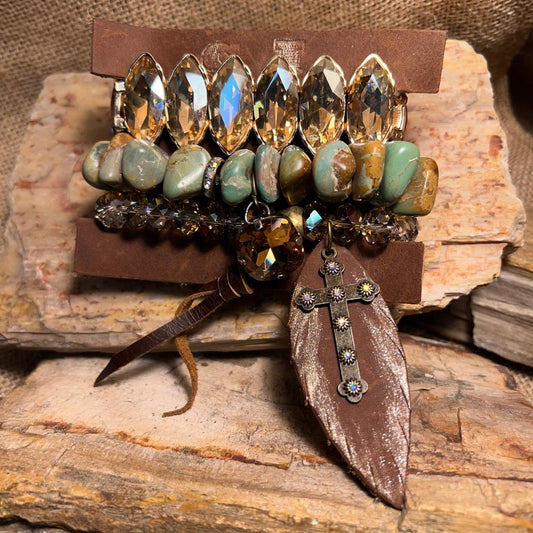 Marquis Gold and Variegated Turquoise Beads Stack Bracelets with Feather Drop