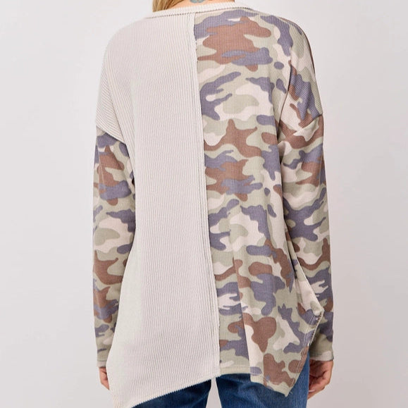 Camouflage Long Sleeve Color Block Top