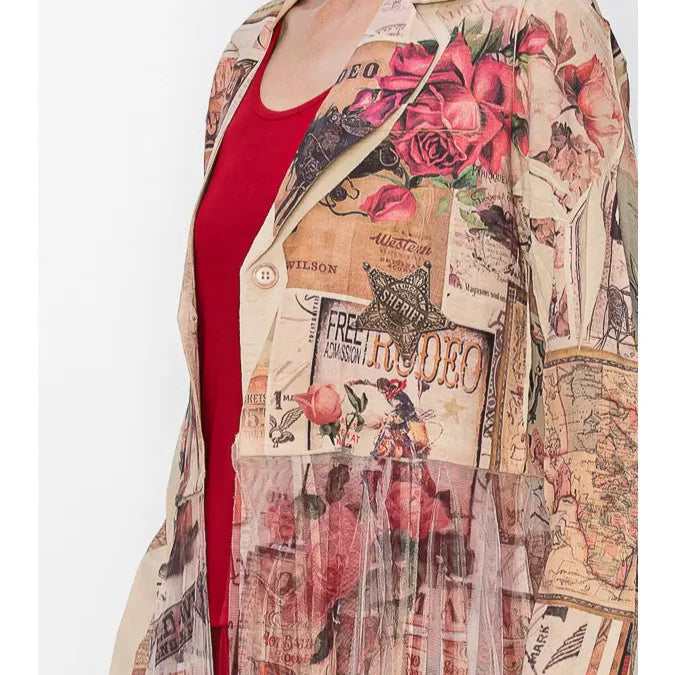 Chic Contrast Longline Blazer Jacket with Mesh Tulle Panel