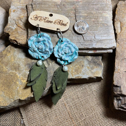 Hand Carved Blue Rose Earrings