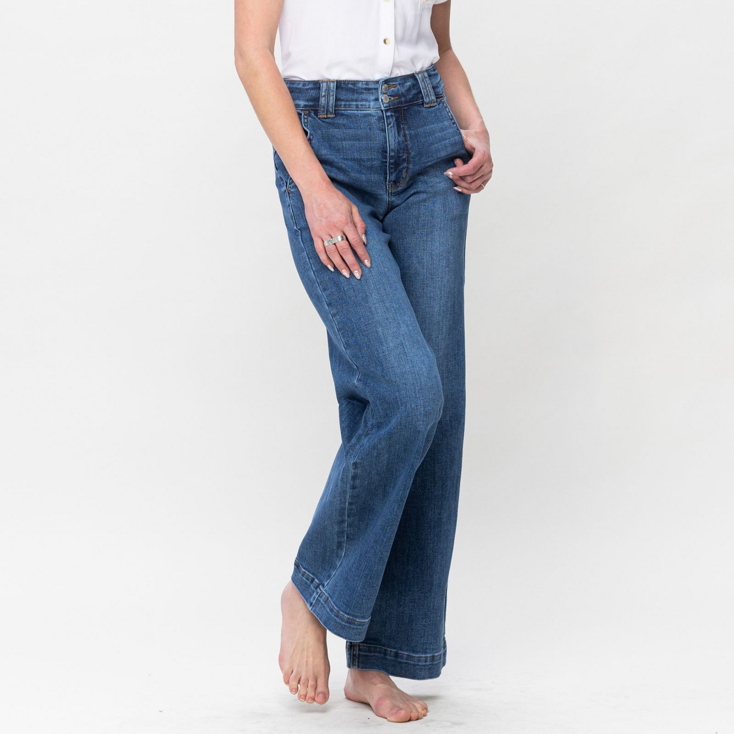 High Waisted Double Button Wide Leg Jeans