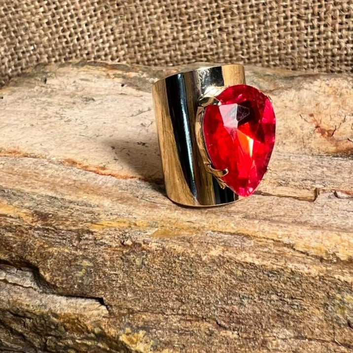 Gold & Red Teardrop Rhinestone Adjustable Ring