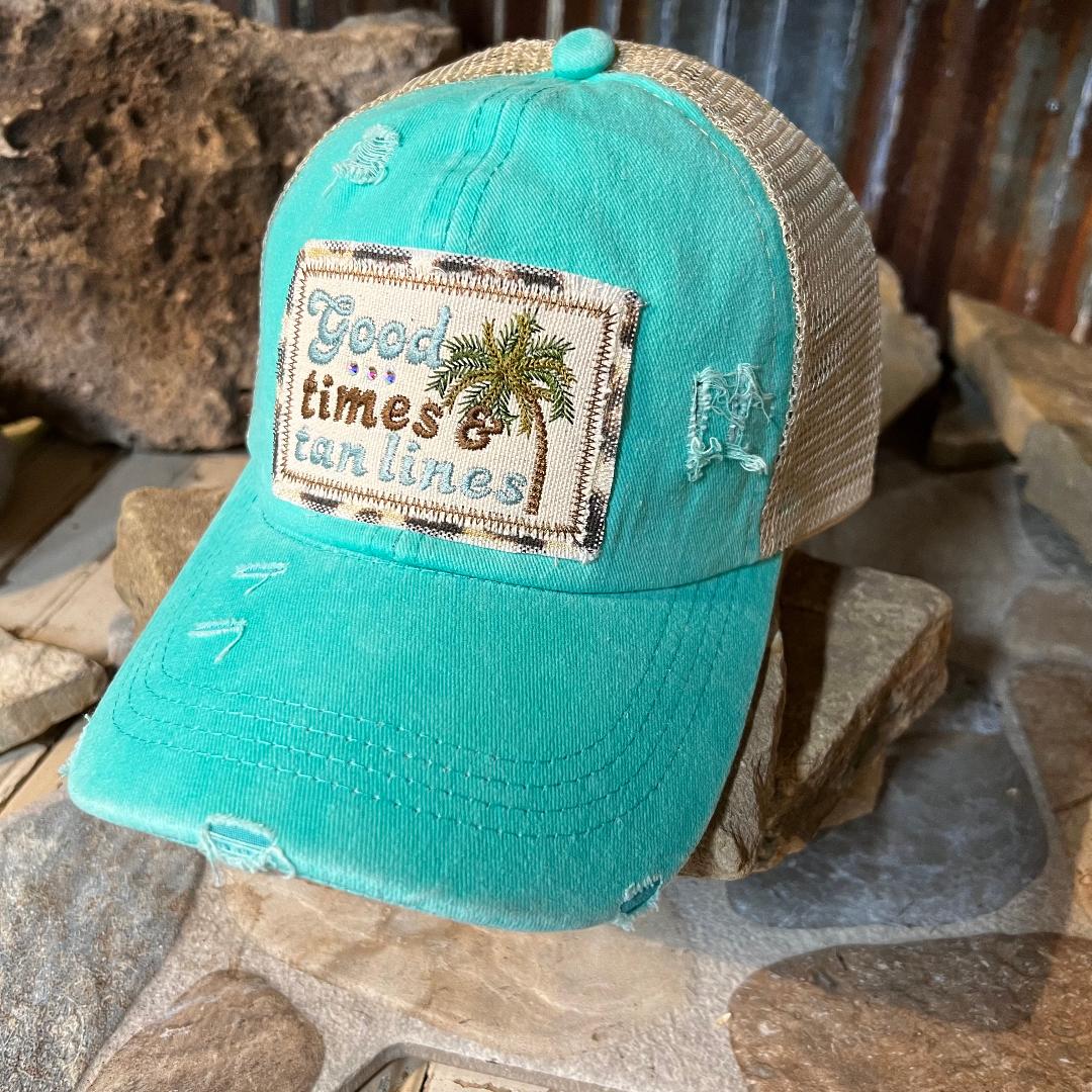 Embroidered Bling Good Times & Tan Lines Turquoise Cap