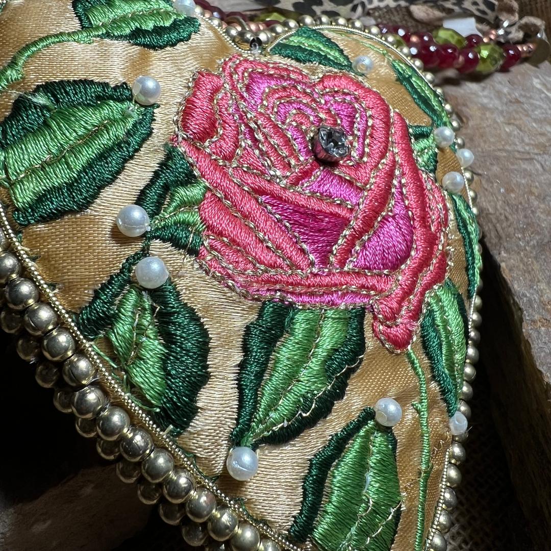 Satin Embroidered Rose Heart Necklace