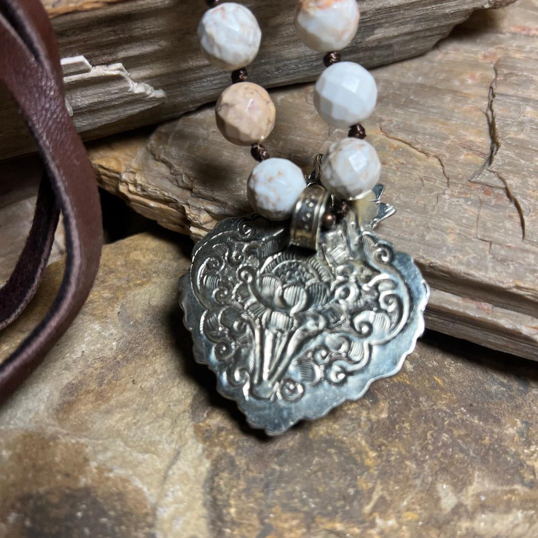 Cream Multi Bead and Silver Heart Statement Necklace