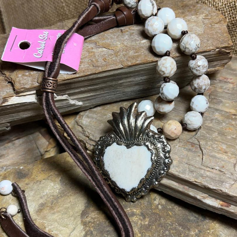 Cream Multi Bead and Silver Heart Statement Necklace